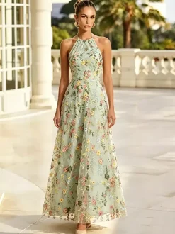 Blush Floral Embroidery Halter Bridesmaid Dress Open Back A Line Tulle Long Wedding Guest Gown