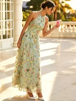Blush Floral Embroidery Halter Bridesmaid Dress Open Back A Line Tulle Long Wedding Guest Gown