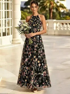 Blush Floral Embroidery Halter Bridesmaid Dress Open Back A Line Tulle Long Wedding Guest Gown