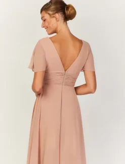 Blush Pink Bridesmaid Dresses V-Neck Backless A-Line Chiffon Wedding Party Maxi Dress