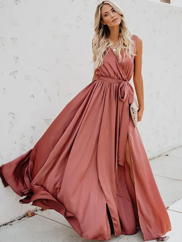 Blush Pink Wrap Maxi Dress for Women - Elegant V Neck High Slit Long Dress - Summer Beach Wedding Guest Wear 2026