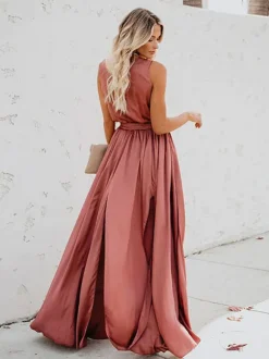 Blush Pink Wrap Maxi Dress for Women - Elegant V Neck High Slit Long Dress - Summer Beach Wedding Guest Wear 2026