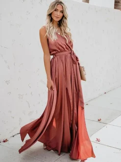 Blush Pink Wrap Maxi Dress for Women - Elegant V Neck High Slit Long Dress - Summer Beach Wedding Guest Wear 2026