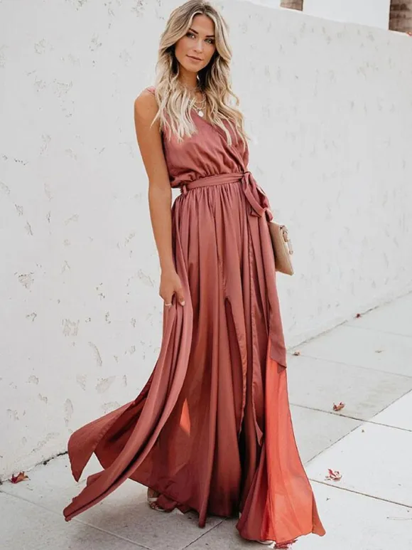 Blush Pink Wrap Maxi Dress for Women - Elegant V Neck High Slit Long Dress - Summer Beach Wedding Guest Wear 2026
