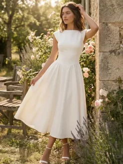 Boat Neck White Swing Dress For Women - Minimalist Elegant Open Back Midi Dress - Summer Date Night Outfits 2026