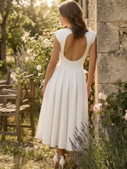 Boat Neck White Swing Dress For Women - Minimalist Elegant Open Back Midi Dress - Summer Date Night Outfits 2026