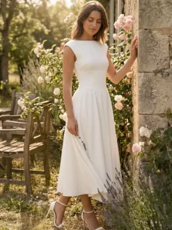 Boat Neck White Swing Dress For Women - Minimalist Elegant Open Back Midi Dress - Summer Date Night Outfits 2026
