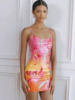 Bodycon Date Night Dresses Pink Sleeveless Sequins Sexy Straps Neck Midi Dress