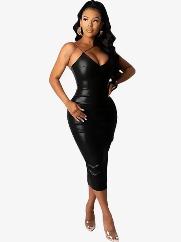 Bodycon Dresses Black Straps Neck Split Front Sexy Sleeveless Pencil Dress