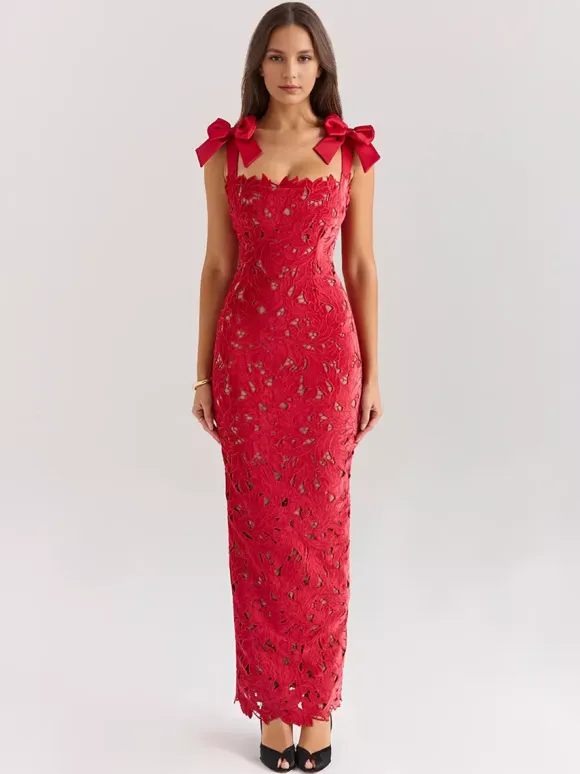 Bodycon Long Dress With Bow Straps Summer Long Party Dress For Women 2026