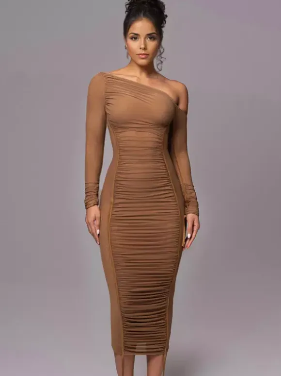 Bodycon Dresses Apricot Two-Tone Long Sleeves Pleated Chic One-Shoulder Midi Dress Sheath Dress