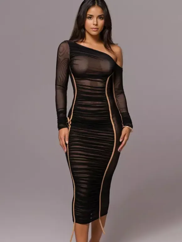 Bodycon Dresses Apricot Two-Tone Long Sleeves Pleated Chic One-Shoulder Midi Dress Sheath Dress