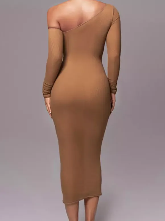 Bodycon Dresses Apricot Two-Tone Long Sleeves Pleated Chic One-Shoulder Midi Dress Sheath Dress