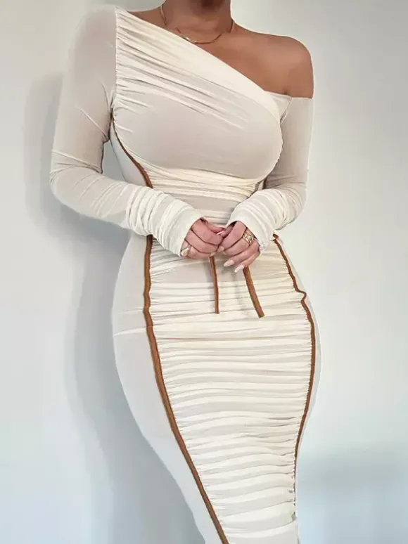 Bodycon Dresses Apricot Two-Tone Long Sleeves Pleated Chic One-Shoulder Midi Dress Sheath Dress