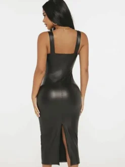 Bodycon Dresses Black Sleeveless Split Front Sexy Square Neck Low-slit Midi Sheath Dress