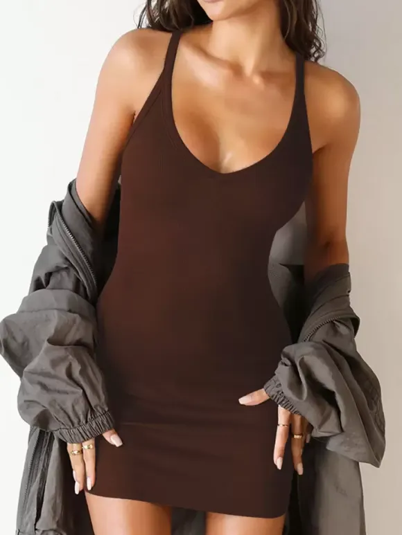 Bodycon Dresses Coffee Brown Sleeveless Sexy U-Neck Slim Fit Dress Sheath Dress