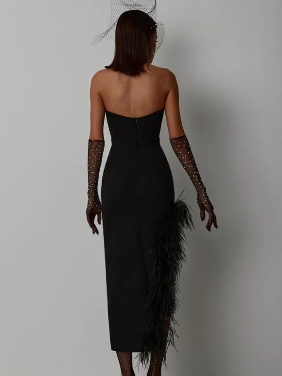 Bodycon Dress Feather Trim Off The Shoulder Asymmetrical Party Club Dresses