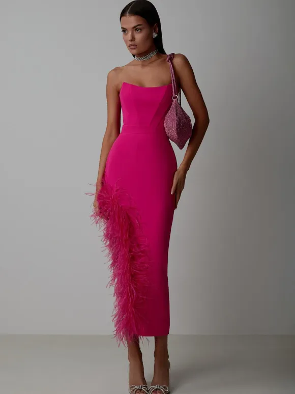 Bodycon Dress Feather Trim Off The Shoulder Asymmetrical Party Club Dresses