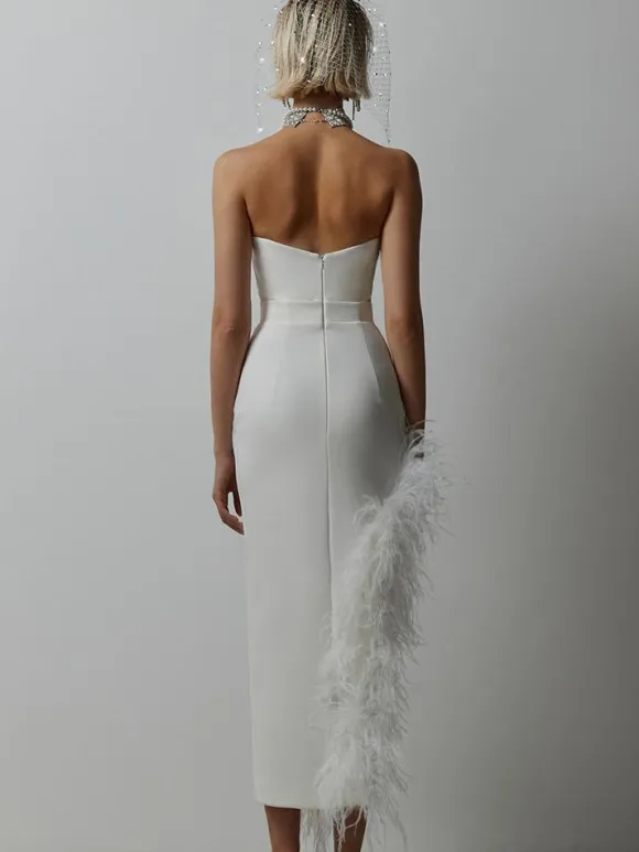 Bodycon Dress Feather Trim Off The Shoulder Asymmetrical Party Club Dresses