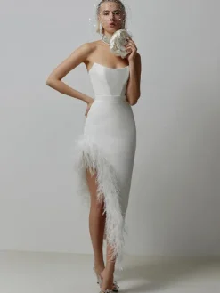 Bodycon Dress Feather Trim Off The Shoulder Asymmetrical Party Club Dresses