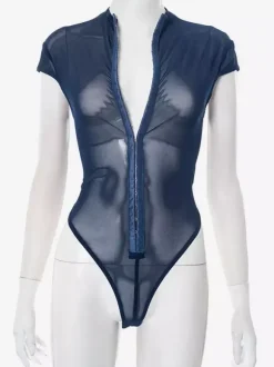 Bodysuit Sleeveless Blue Buttons Stand Collar Top For Women