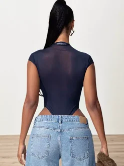 Bodysuit Sleeveless Blue Buttons Stand Collar Top For Women