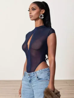 Bodysuit Sleeveless Blue Buttons Stand Collar Top For Women