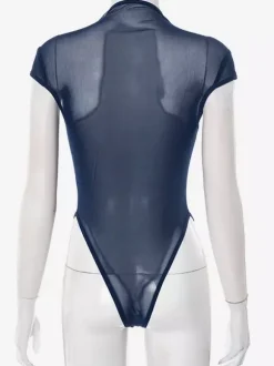 Bodysuit Sleeveless Blue Buttons Stand Collar Top For Women