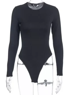 Bodysuit Light Apricot Long Sleeves Piping Stretch Notched Neckline Sexy Cotton Top For Women