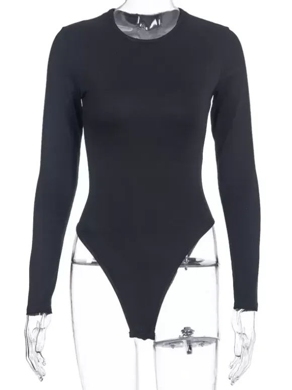 Bodysuit Light Apricot Long Sleeves Piping Stretch Notched Neckline Sexy Cotton Top For Women