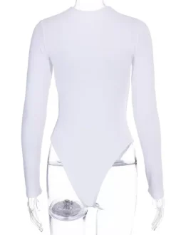 Bodysuit Light Apricot Long Sleeves Piping Stretch Notched Neckline Sexy Cotton Top For Women