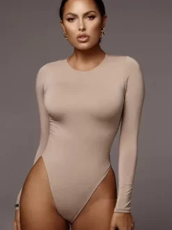 Bodysuit Light Apricot Long Sleeves Piping Stretch Notched Neckline Sexy Cotton Top For Women