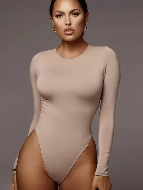 Bodysuit Light Apricot Long Sleeves Piping Stretch Notched Neckline Sexy Cotton Top For Women