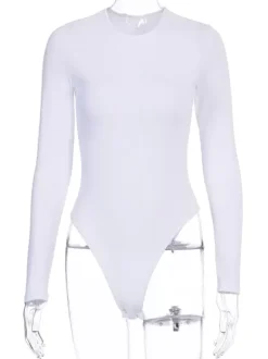 Bodysuit Light Apricot Long Sleeves Piping Stretch Notched Neckline Sexy Cotton Top For Women