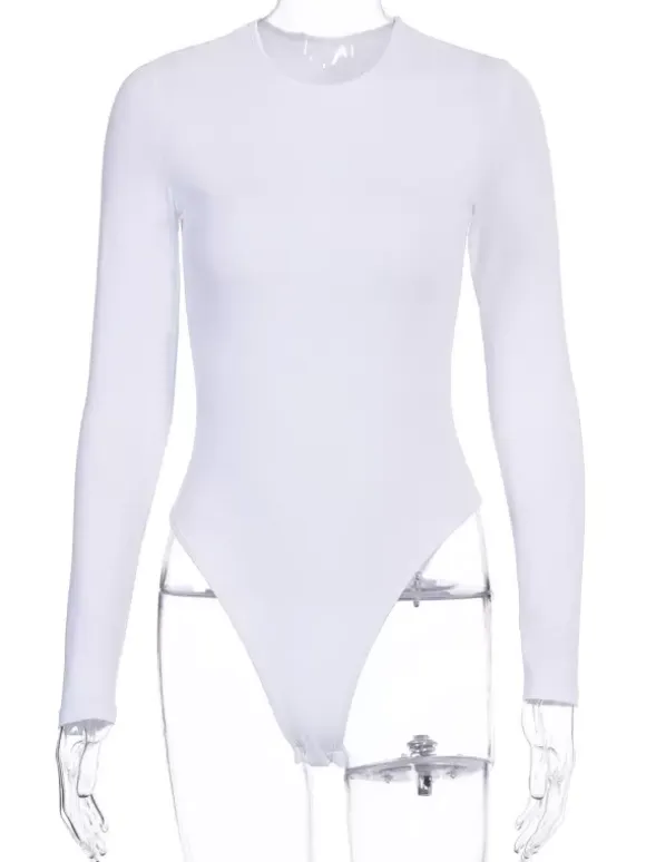 Bodysuit Light Apricot Long Sleeves Piping Stretch Notched Neckline Sexy Cotton Top For Women