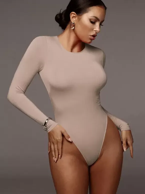 Bodysuit Light Apricot Long Sleeves Piping Stretch Notched Neckline Sexy Cotton Top For Women