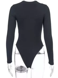 Bodysuit Light Apricot Long Sleeves Piping Stretch Notched Neckline Sexy Cotton Top For Women