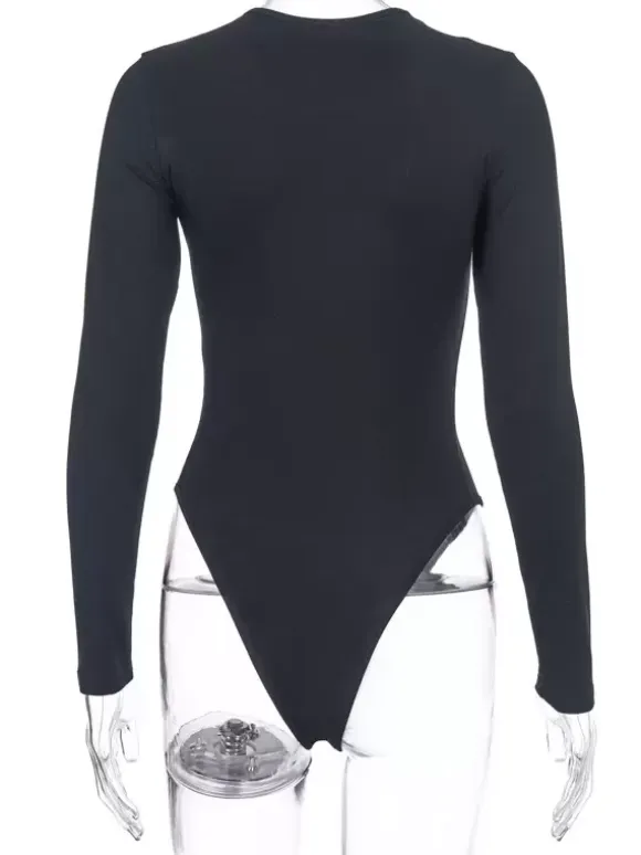 Bodysuit Light Apricot Long Sleeves Piping Stretch Notched Neckline Sexy Cotton Top For Women