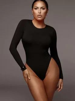 Bodysuit Light Apricot Long Sleeves Piping Stretch Notched Neckline Sexy Cotton Top For Women