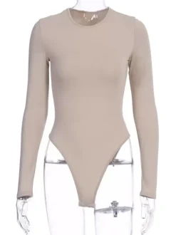 Bodysuit Light Apricot Long Sleeves Piping Stretch Notched Neckline Sexy Cotton Top For Women