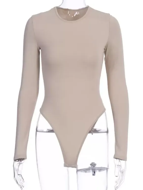 Bodysuit Light Apricot Long Sleeves Piping Stretch Notched Neckline Sexy Cotton Top For Women