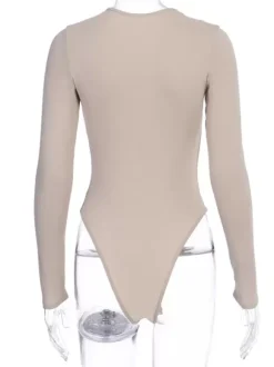 Bodysuit Light Apricot Long Sleeves Piping Stretch Notched Neckline Sexy Cotton Top For Women