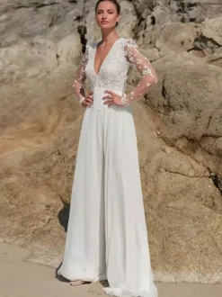 Bohemian Lace Wedding Dress V-Neck Long Sleeve Bridal Gown with Button Back and Front Slit
