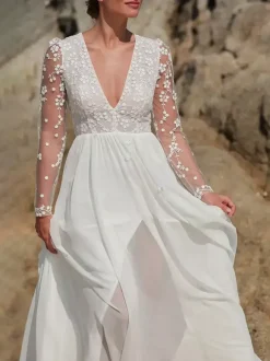 Bohemian Lace Wedding Dress V-Neck Long Sleeve Bridal Gown with Button Back and Front Slit