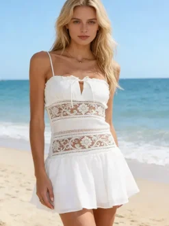 Bohemian Hollow Lace Waist Cami Dress Tie Bust A-line Short Summer Party Dress