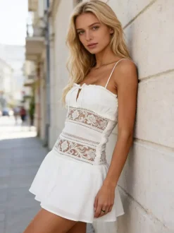 Bohemian Hollow Lace Waist Cami Dress Tie Bust A-line Short Summer Party Dress