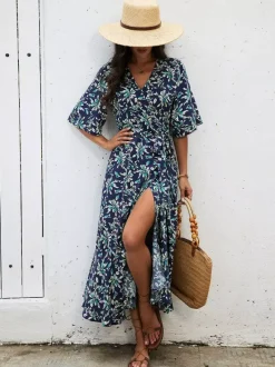 Bohemian Summer Vibes Red Floral Wrap Maxi Dress Lightweight Flirty Great For Beach City Strolls