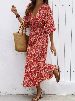 Bohemian Summer Vibes Red Floral Wrap Maxi Dress Lightweight Flirty Great For Beach City Strolls