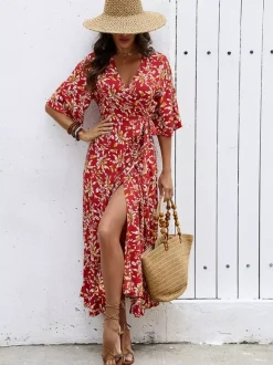 Bohemian Summer Vibes Red Floral Wrap Maxi Dress Lightweight Flirty Great For Beach City Strolls