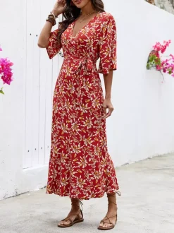 Bohemian Summer Vibes Red Floral Wrap Maxi Dress Lightweight Flirty Great For Beach City Strolls